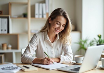 happy woman in her home office, jotting down notes in a notebook while working on her laptop, with books and a coffee mug beside her