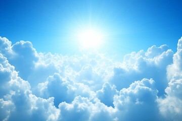 Bright sun shining above fluffy white clouds in a clear blue sky.