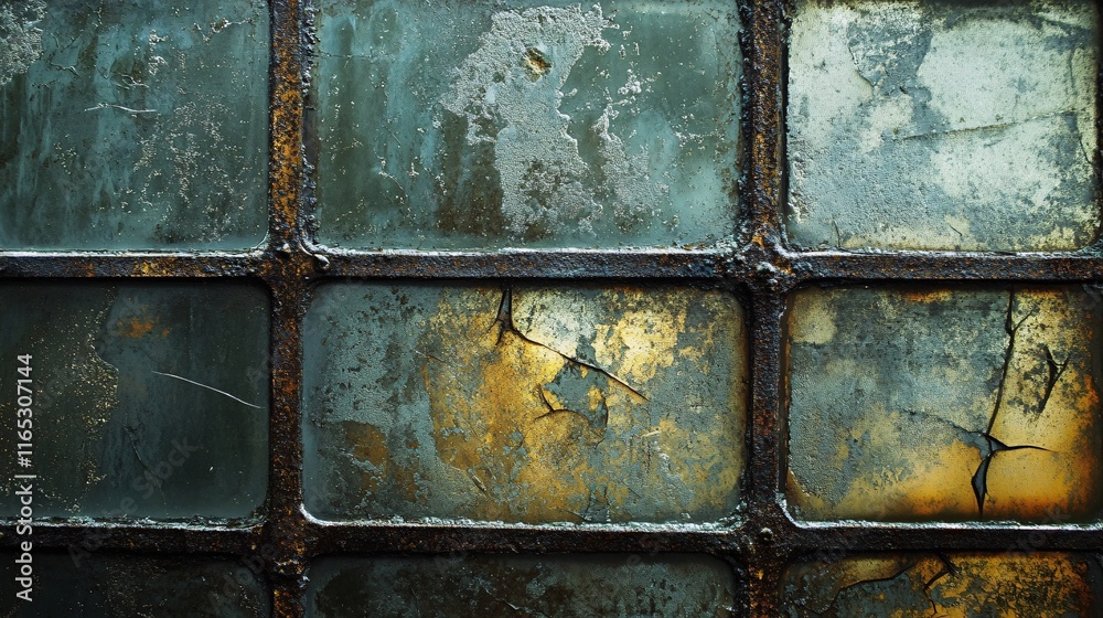 Aufkleber close-up of cracked and weathered window panes in a rusty metal frame, showing signs of age and deca