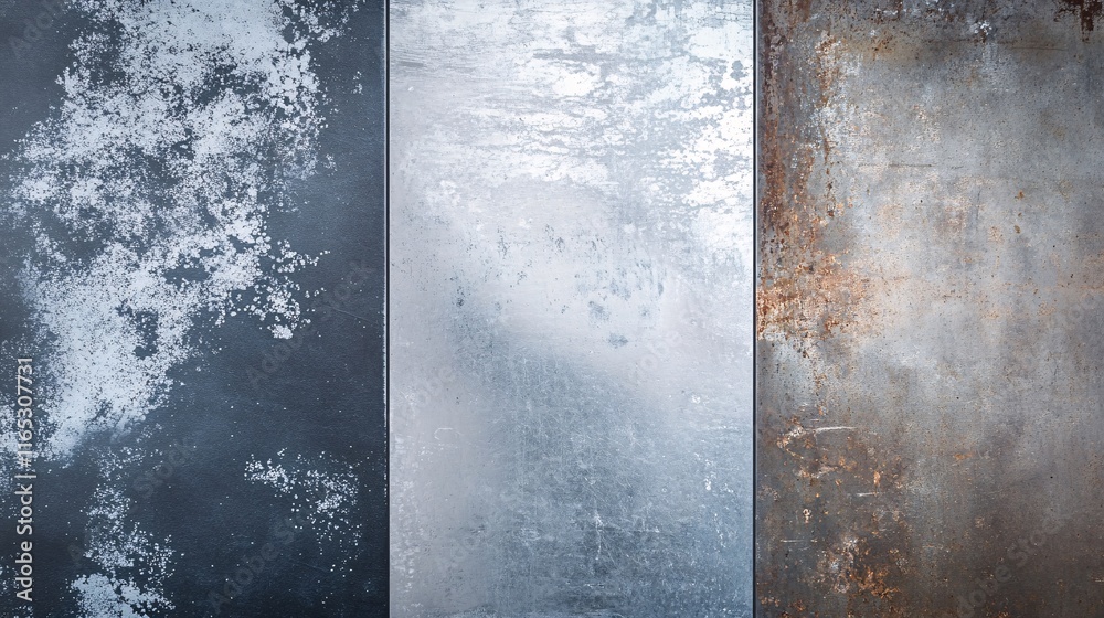 Aufkleber three vertically aligned metal plates showing different stages of oxidation