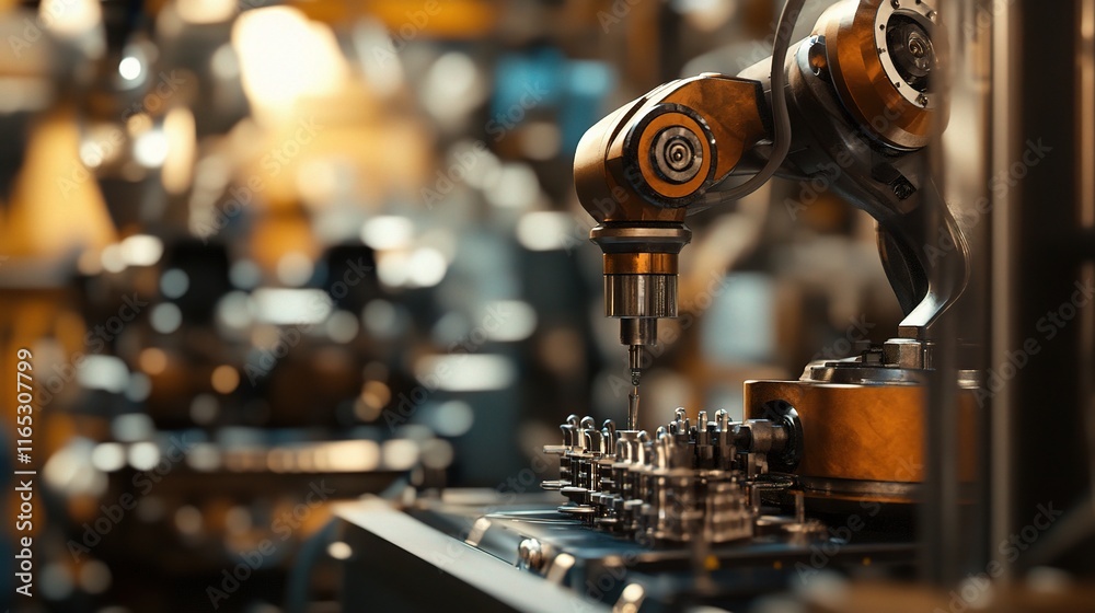 Poster industrial automation concept with robots performing tasks in factory