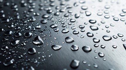 Water droplets reflecting light on brushed metal surface