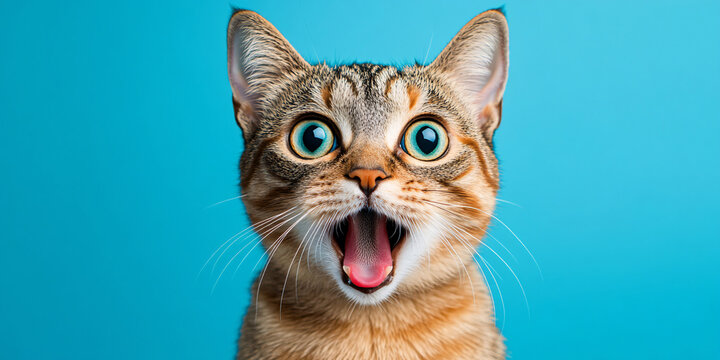 Close-up shot of a tabby cat with a surprised expression against a blue background.
