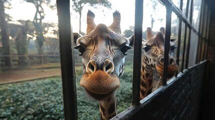 Obraz premium Two giraffes peering through zoo enclosure bars, close-up.