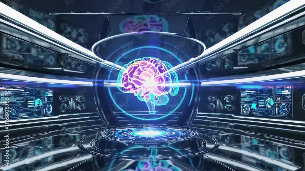 Poster Exploring advanced technology in a futuristic lab showcasing artificial intelligence and brain simulations