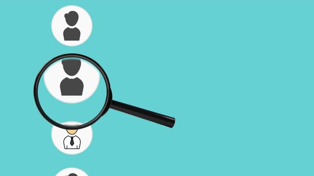 animated of magnify with employee icons, Selective new career and job recruitment, human recruitment development and employee concept 4K animation