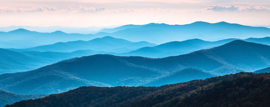 Blue ridge mountains fading into the distance at sunset creating a serene landscape