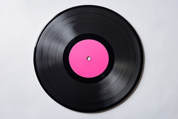 Fototapeta premium retro vinyl record with pink label at center placed on bright white background for contrast