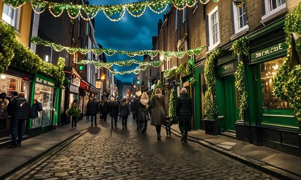 Streets of Dublin, Ireland decorated for St. Patrick's Day.