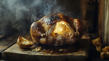 A close-up whole roasted chicken be sliced open on wooden board.