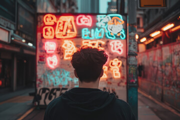 Fototapeta premium Young male exploring urban alley with neon lights and graffiti in vibrant city