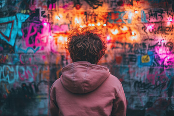 Young caucasian male teen facing colorful graffiti wall with neon lights