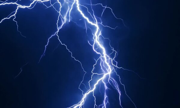 Abstract Lightning, electric thunder strike of blue-white color isolated on black background