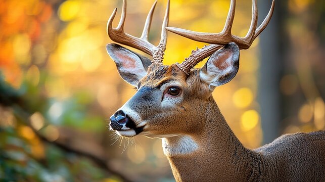 A close-up of a deera??s antlers as it moves through the forest, the sunlight catching the edges of its impressive rack.