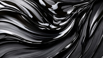 An abstract background showcases smooth, wavy textures, flowing pattern of glossy black tar-like liquid