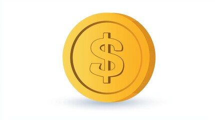 Golden Coin with Dollar Sign on a Clean White Background, Symbolizing Wealth, Prosperity, and Financial Success in Modern Economy with Simple Design