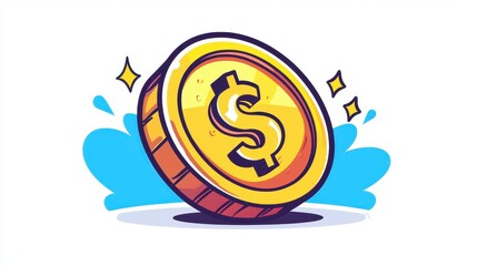Vibrant Cartoon Style Gold Coin with Dollar Sign and Sparkles for Financial Themes, Business Illustrations, and Creative Designs in Digital Graphics