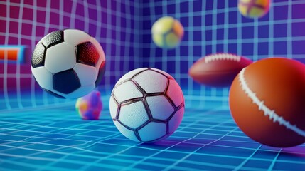 A vibrant 3D composition showcasing various sports balls.