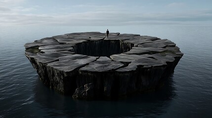 Solitary Figure on a Cracked Island in a Misty Sea: 3D Render AI Generated