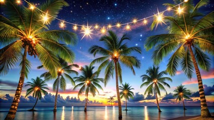 Festive Palm Trees Adorned with Christmas Garland Under Starry Night Sky - Tropical Holiday Decor, Night Photography, Christmas Spirit, Outdoor Decorations, and Holiday Vibes