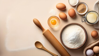  A Flat Lay of Baking Ingredients Flour, Eggs, and a Rolling Pin Ready for Pastry Making