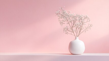 Delicate white flowers adorning a modern white vase on a pink background