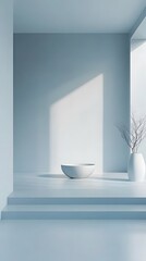 A clean, minimalist area with a pale blue backdrop, evoking a serene and peaceful atmosphere for product display