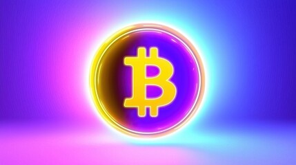 Obraz premium Modern Cryptocurrency Concept with Bitcoin Symbol Glowing in Colorful Neon Lights Against a Soft Gradient Background, Reflecting Digital Finance Trends and Innovation