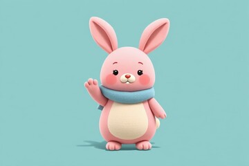 Fototapeta premium cartoon rabbit with scarf waving on blue background