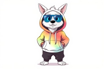 Obraz premium cartoon dog wearing sunglasses and a hoodie standing in front of a white background