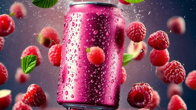 Can of pink soda with raspberries floating in the air. The soda can is surrounded by raspberries and leaves