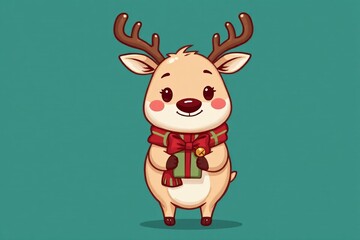 cartoon deer with a christmas present in its mouth