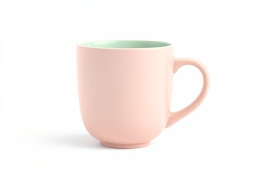 there is a pink cup with a green rim on a white surface