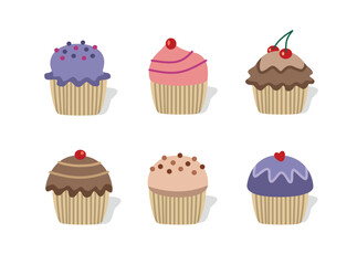 A series of cupcakes with berry and cherry on the top. Cupcake birthday. Valentine cupcake. Set of muffin.