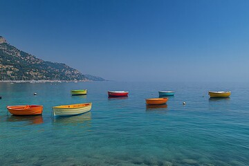 Naklejka premium Colorful boats in calm turquoise sea near a hillside.