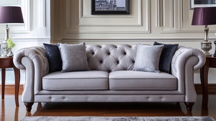 Elegant tufted sofa with decorative pillows in a stylish interior setting