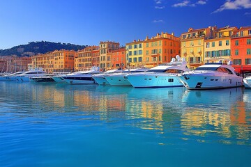 Obraz premium Colorful buildings reflect in calm harbor water with luxury yachts docked.