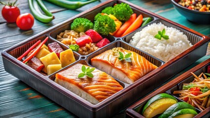 Grilled Salmon Bento Set - Delicious Japanese Cuisine with Rice, Vegetables, and Sushi - Perfect for Lunch or Dinner - Healthy Meal Prep Ideas