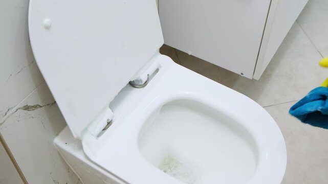 hotel service cleaning in detail toilet seat restroom blue rag Keeping house neat, female woman wearing yellow rubber gloves Housekeeper spray liquid cleaner foam toilet lid disinfecting 