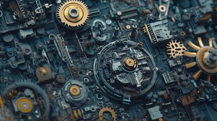 Fototapeta premium Complex electronic circuit board with gears and components forming intricate pattern