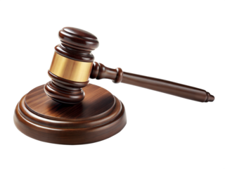 Wooden judge gavel on sound block - Close-up of a wooden judge's gavel with a gold band resting on a sound block, symbolizing law, justice, and authority.