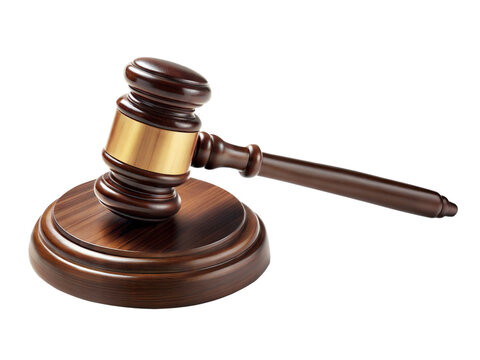 Wooden judge gavel on sound block - Close-up of a wooden judge's gavel with a gold band resting on a sound block, symbolizing law, justice, and authority.