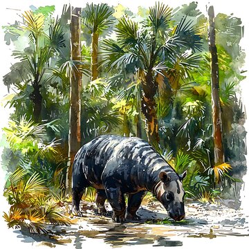 Watercolor painting of an extinct Moeritherium, an early proboscidean, drinking water in a prehistoric palm forest.