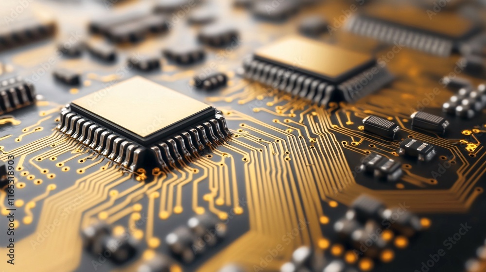 Poster Close-up of golden microchip on motherboard showing complex circuitry