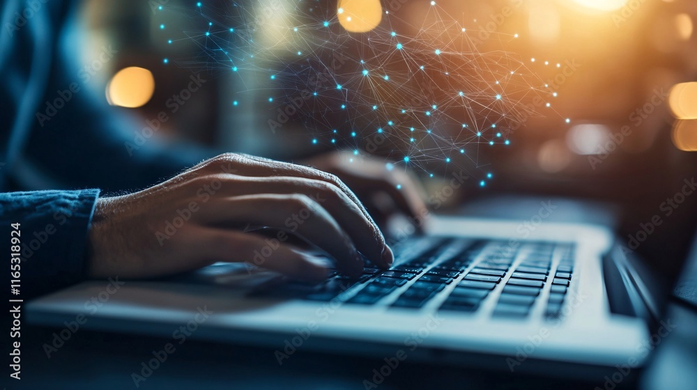 Aufkleber Businessman working on laptop with abstract network data visualization