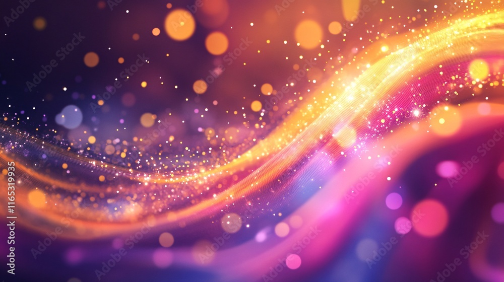Poster golden particles flowing on colorful wavy background