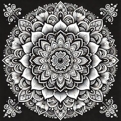Intricate Black and White Floral Mandala Design | Symmetrical Mehndi-Inspired Art | Detailed Geometric Patterns for Coloring Books and Tattoos