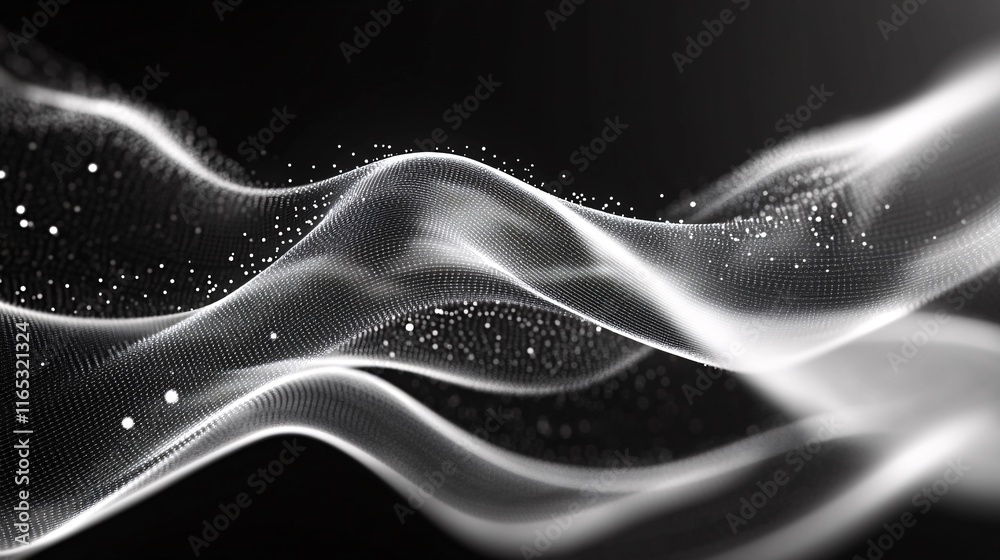 Poster abstract white particles flowing on black background