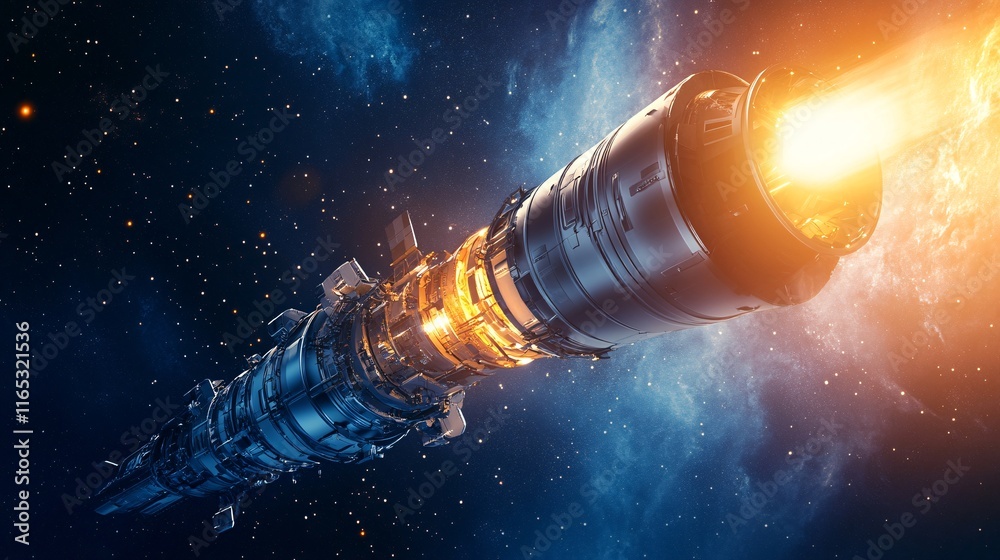 Poster powerful spaceship engine igniting, traveling through deep space
