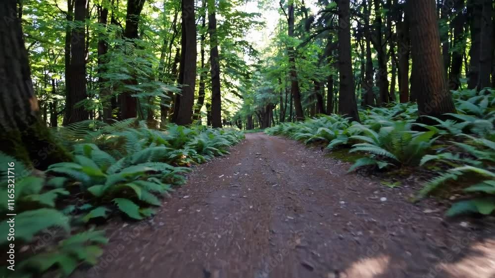 Aufkleber Exploring a tranquil forest pathway surrounded by lush greenery and towering trees